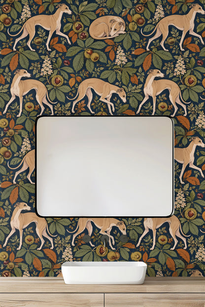 Whippet curled in resting pose on wallpaper