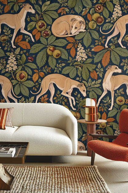 Close-up of wallpaper pattern showing tan whippets and chestnut leaves on navy background