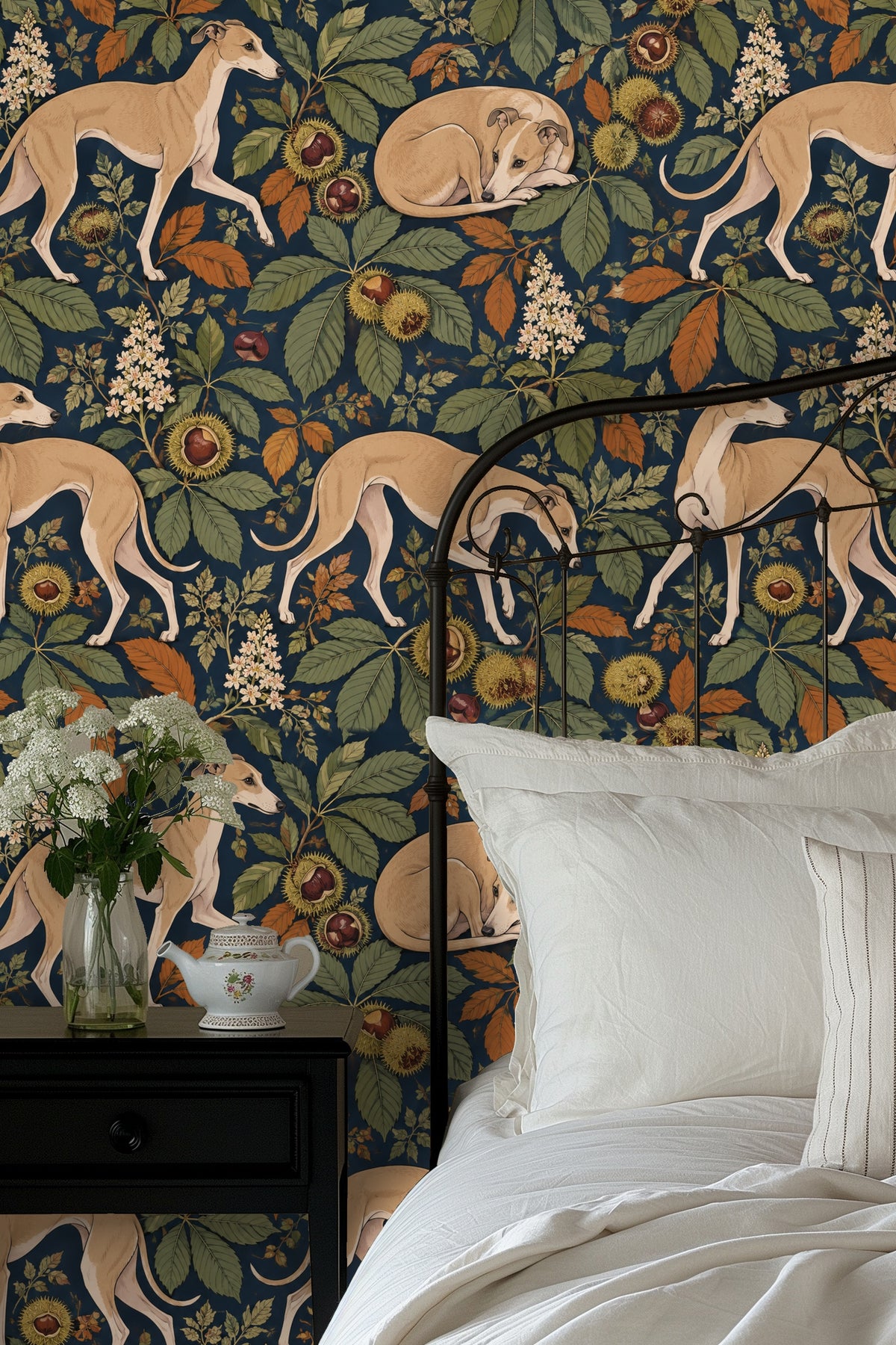Orange and green foliage detail in wallpaper