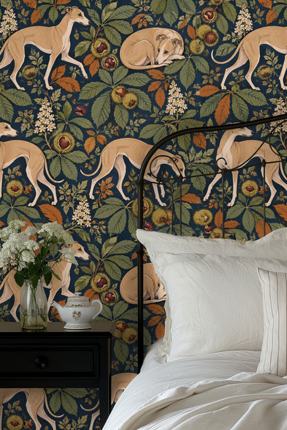 Orange and green foliage detail in wallpaper