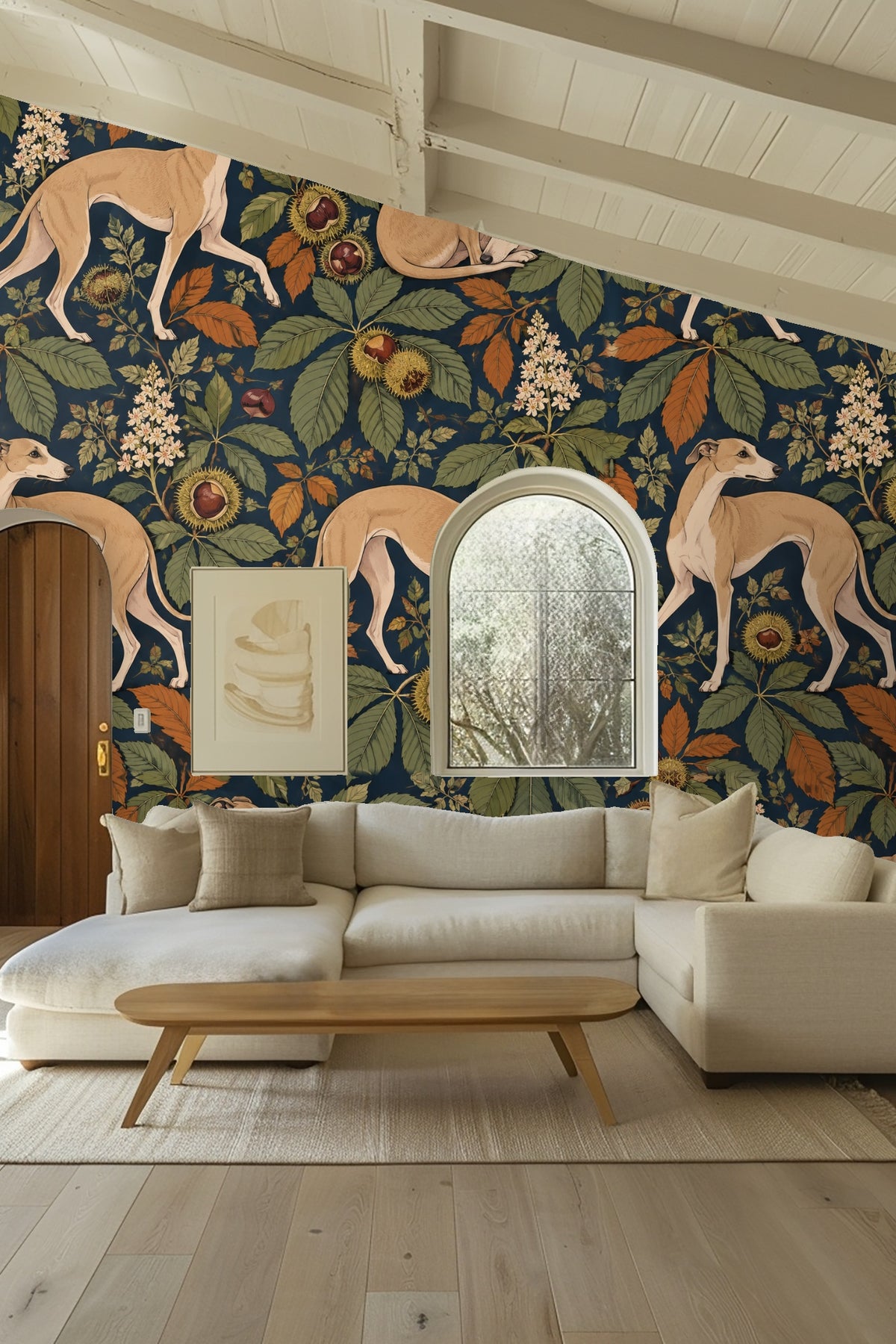 Whippet looking sideways in wallpaper pattern