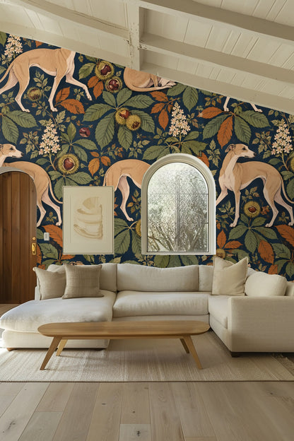 Whippet looking sideways in wallpaper pattern