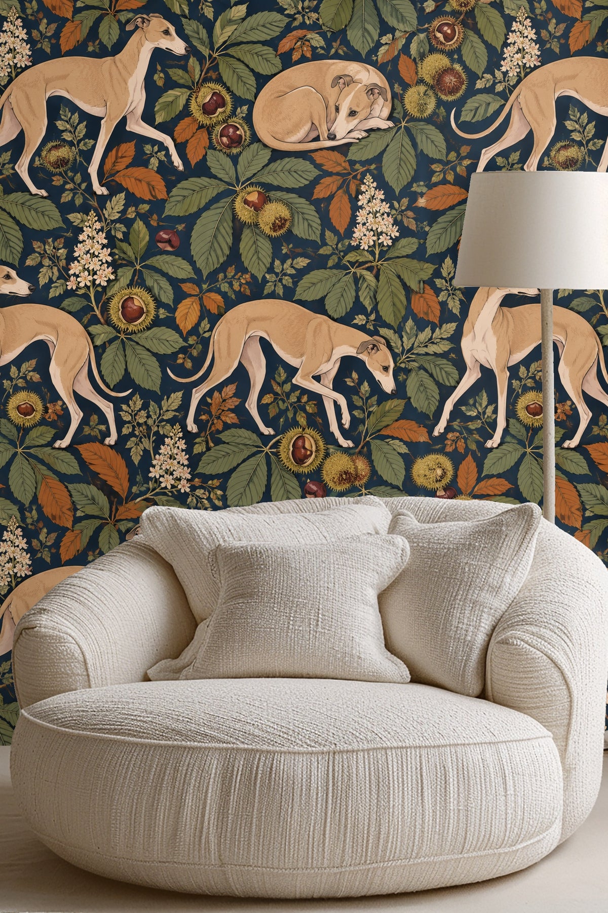Detailed view of whippet motif in the wallpaper