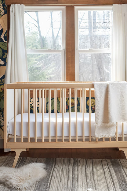 Bedroom with chestnut chase wallpaper behind green bed frame and soft pillows