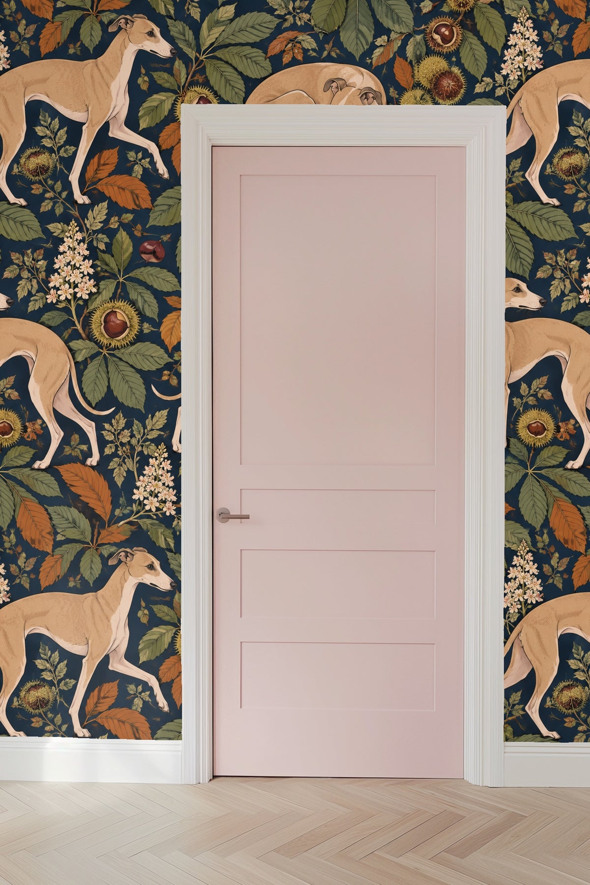 Navy background with spiny chestnut husks wallpaper detail