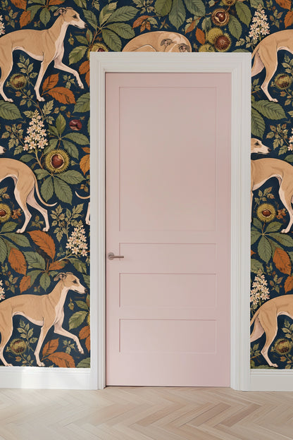 Navy background with spiny chestnut husks wallpaper detail