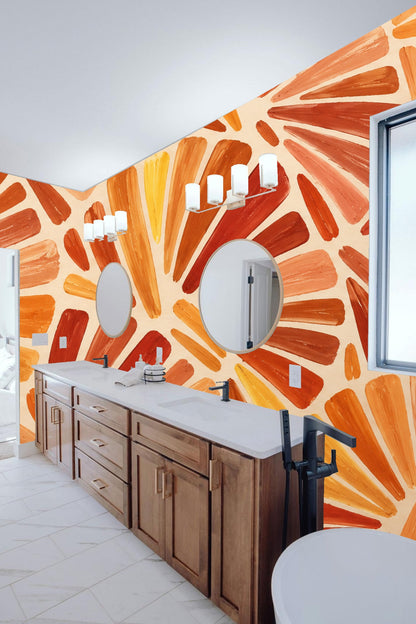 Full wall covered in warm terracotta fan motif wallpaper creating a vibrant focal point