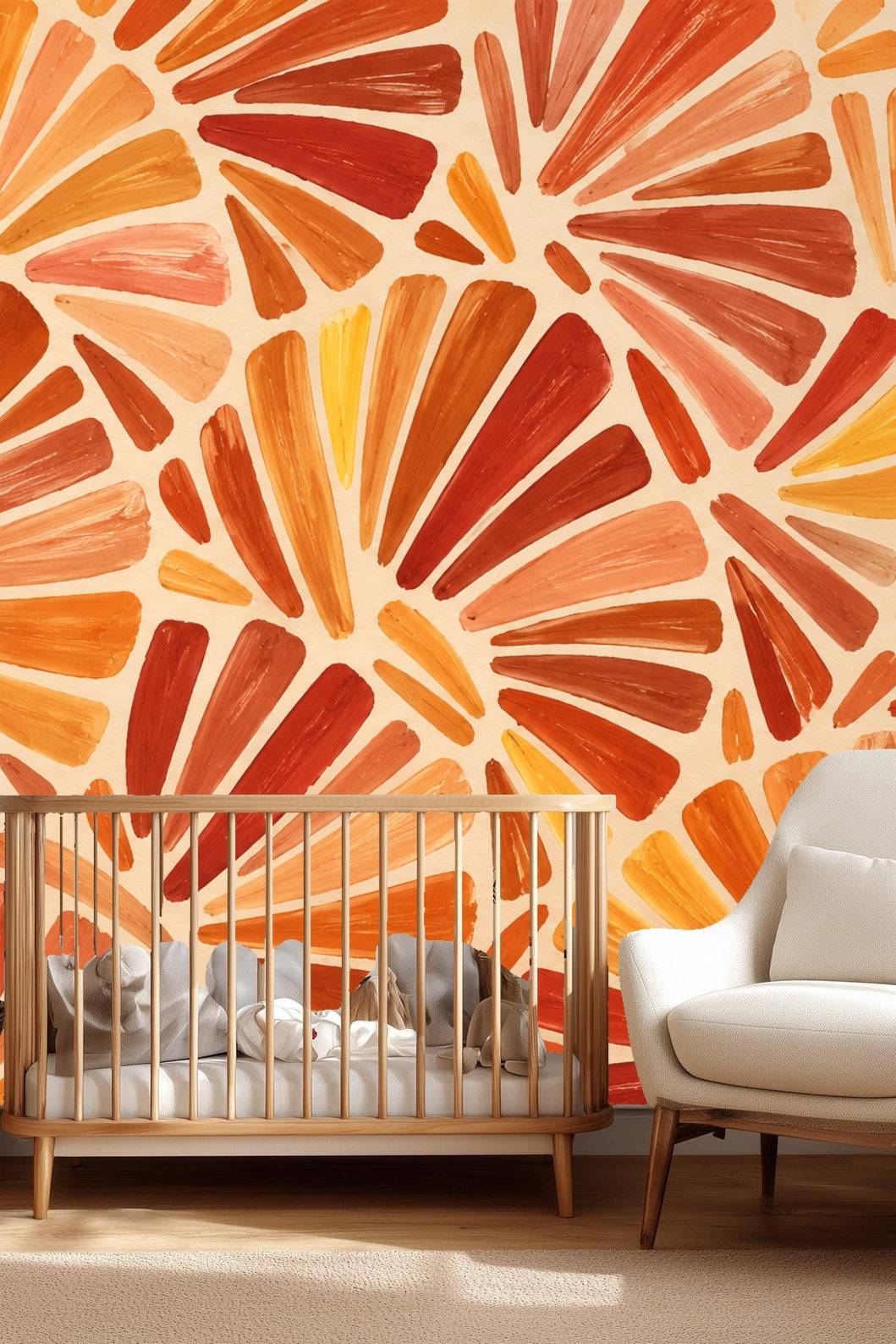 Close-up of hand-painted wallpaper showing terracotta and ochre fan-shaped brush strokes