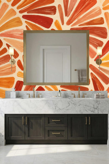 Section of wallpaper highlighting painterly brushstroke textures in burnt orange hues