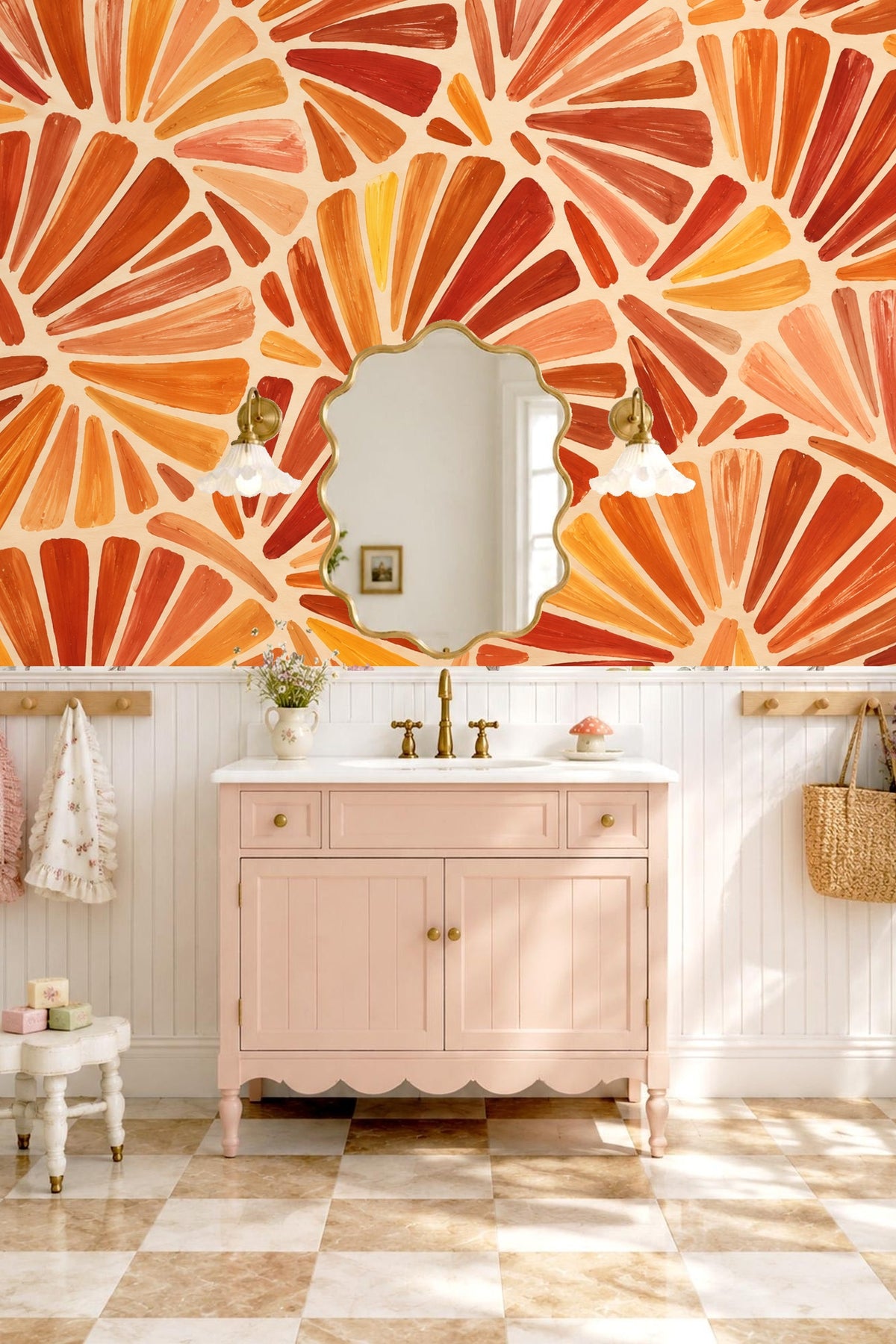 Wallpaper wall detail with varying widths of orange and amber brush stroke fans