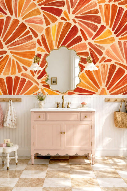 Wallpaper wall detail with varying widths of orange and amber brush stroke fans