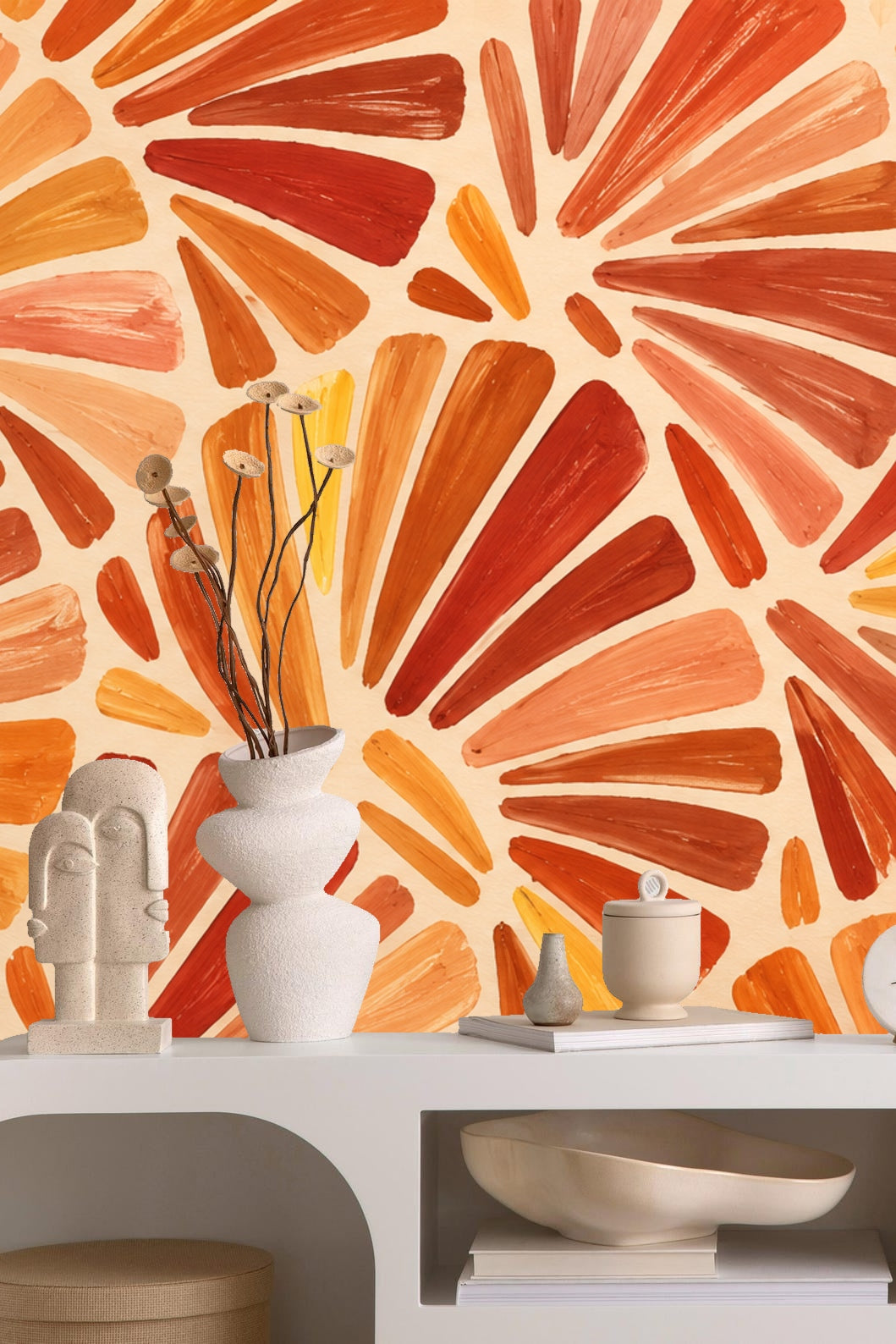 Close perspective of layered fan shapes brush-painted in warm terracotta tones