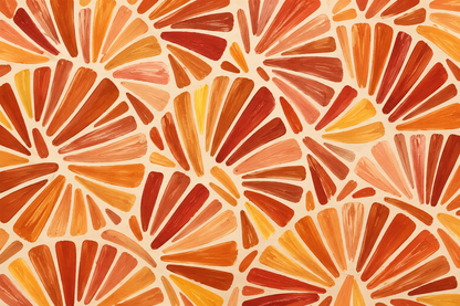 Muted cream background contrasts vibrant terracotta fan shapes in wallpaper pattern