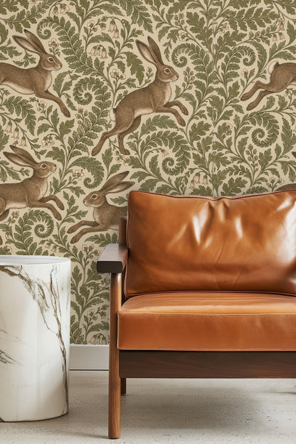 Close-up of wallpaper showing detailed botanical ferns and rabbits with soft linework