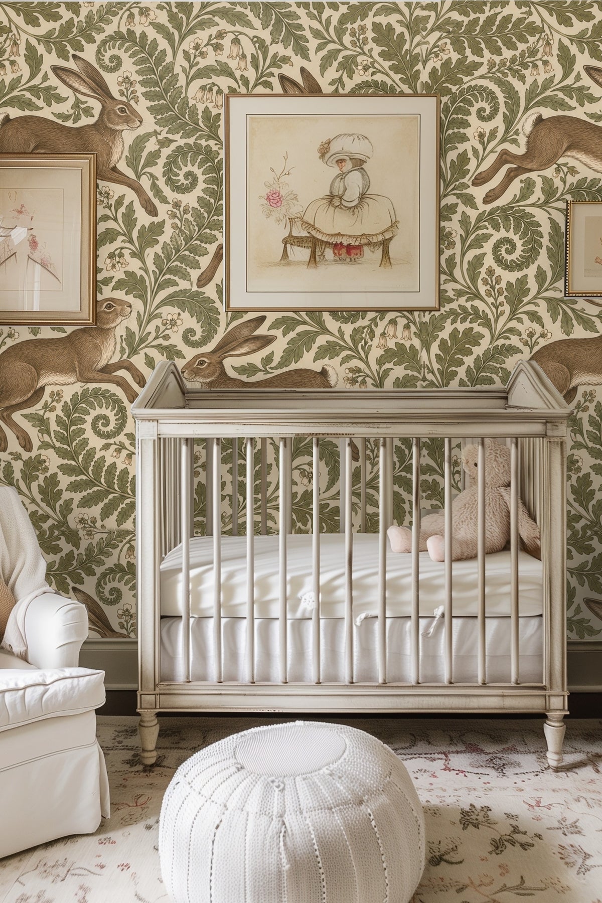 Living room with tan leather chair and wallpaper featuring detailed hare and fern pattern