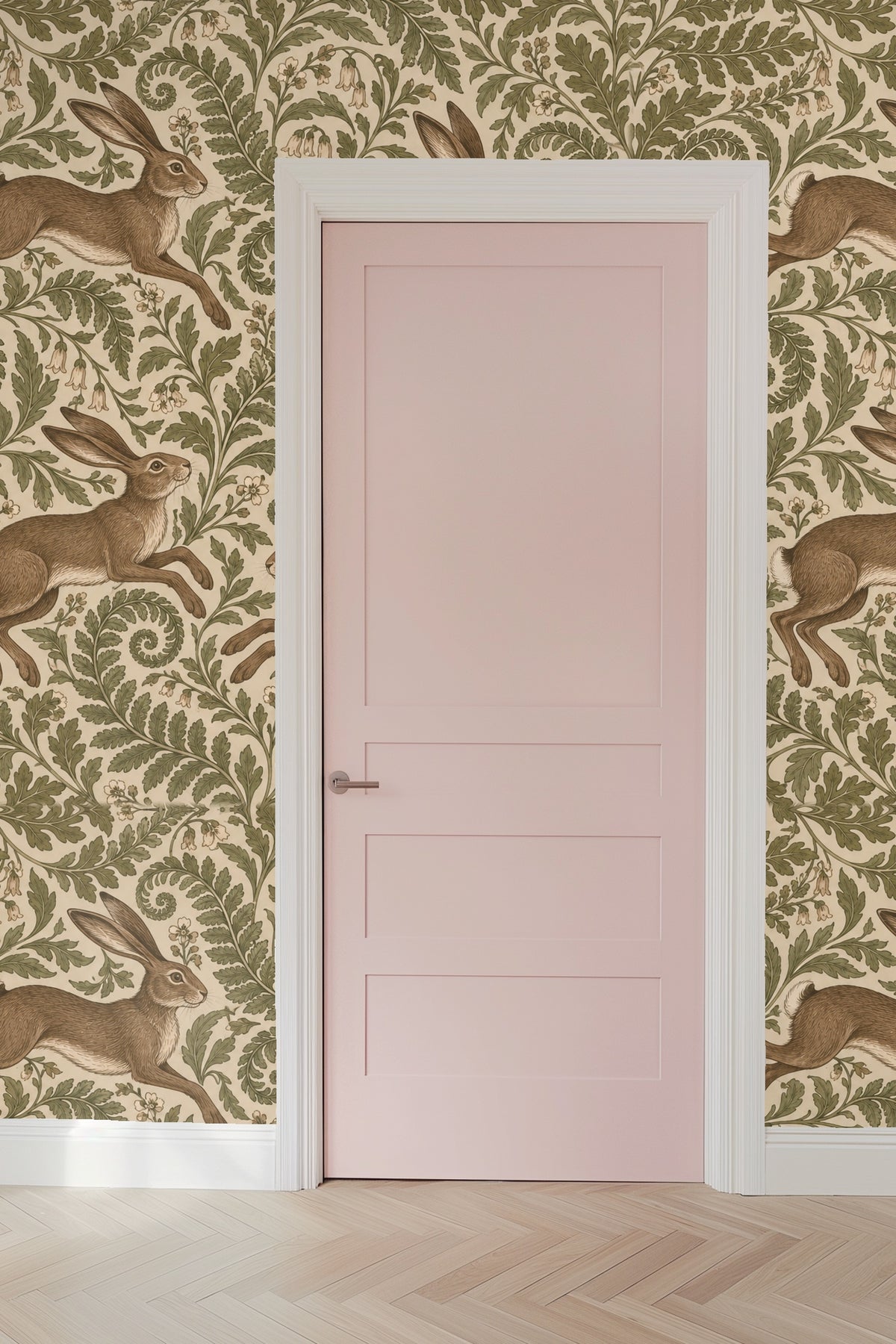 Segment of wallpaper showing hare in mid-leap amid curling botanical leaves and bell flowers