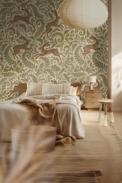 Wallpaper pattern with leaping brown hares and swirling green ferns on a beige background