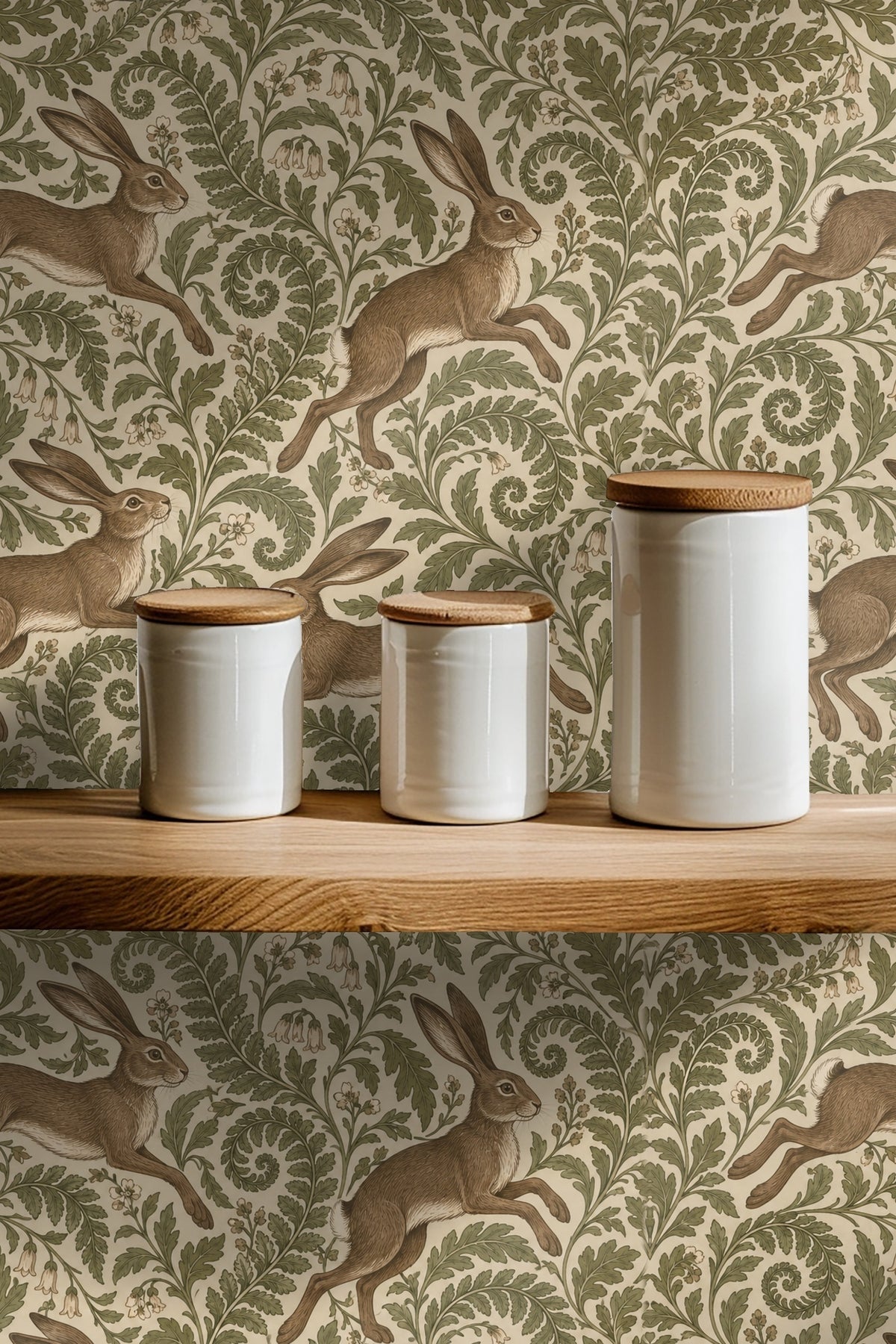 Wallpaper with repeating pattern of four hares arranged in alternating running and hopping poses