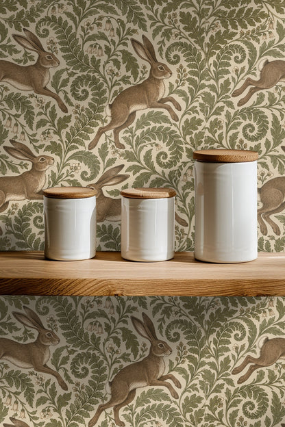 Wallpaper with repeating pattern of four hares arranged in alternating running and hopping poses