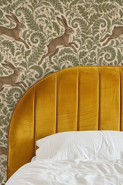 Naturalist style wallpaper with intricate linear detail and botanical motifs