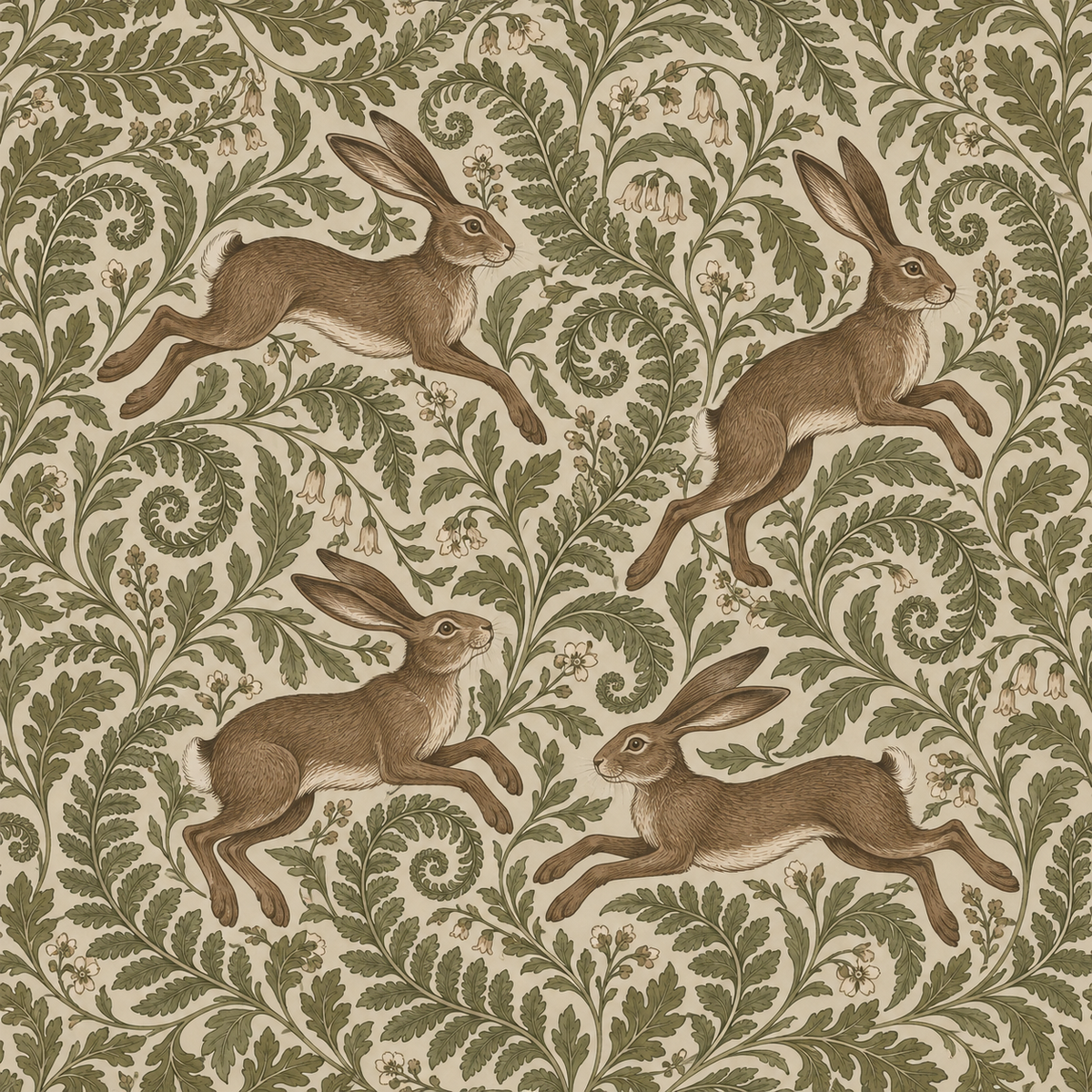 Soft ambient light illuminating wallpaper pattern of flora and fauna in a vintage palette