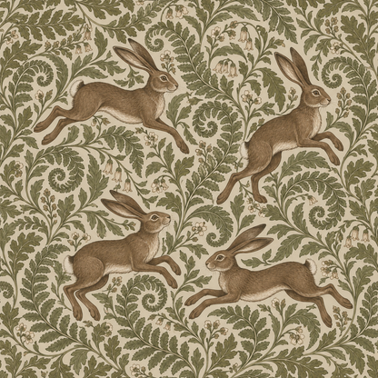 Soft ambient light illuminating wallpaper pattern of flora and fauna in a vintage palette