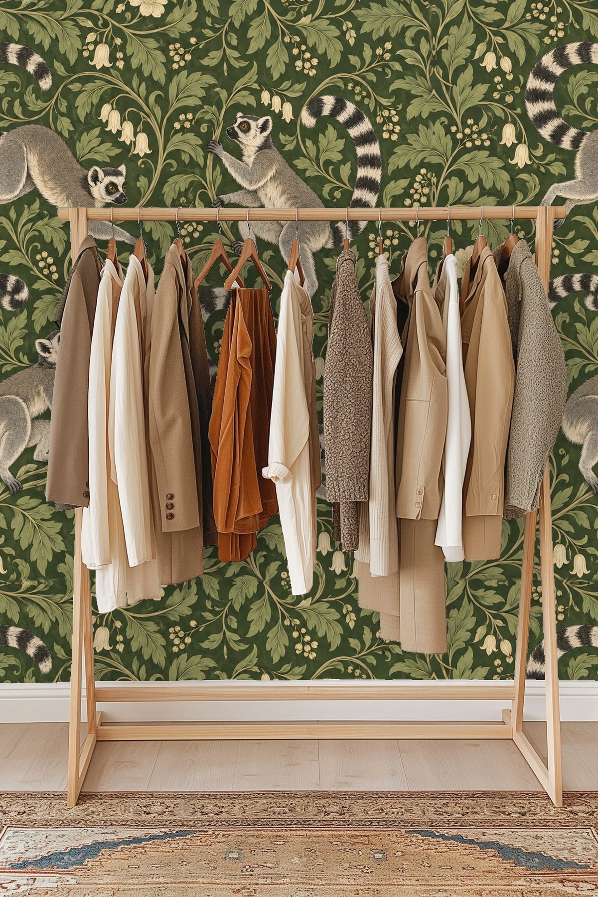 Wall sconce with glass shade illuminating wallpaper with botanical pattern and lemurs