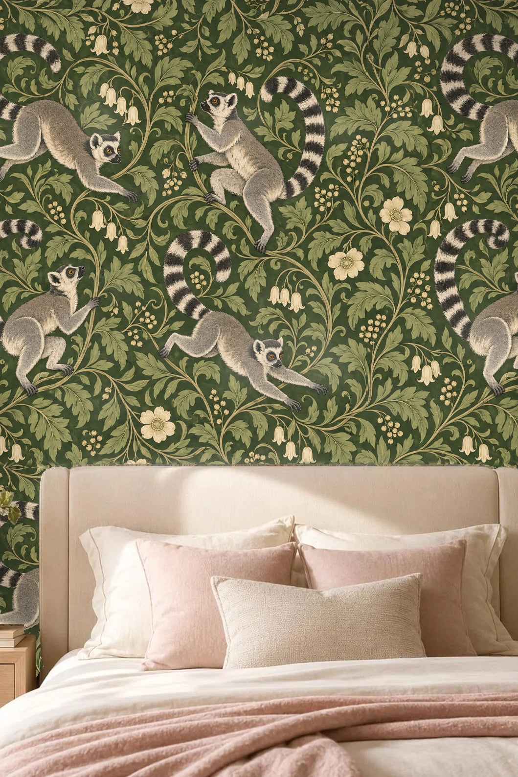 Leaves and floral pattern detail on wallpaper with climbing lemurs