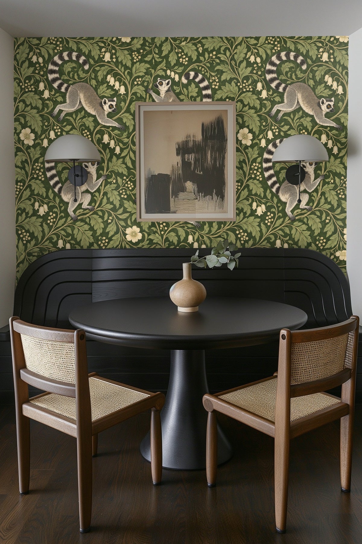 Bathroom vanity and countertop with botanical and lemur wallpaper background