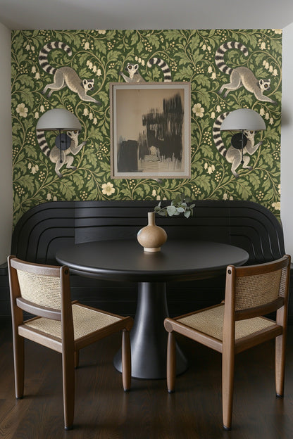 Bathroom vanity and countertop with botanical and lemur wallpaper background