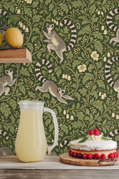 Green leafy wallpaper with cream bell flowers and lemurs in various poses