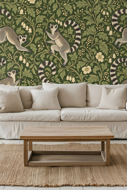 Lemurs climbing on stylized green botanical stalks in wallpaper repeat pattern