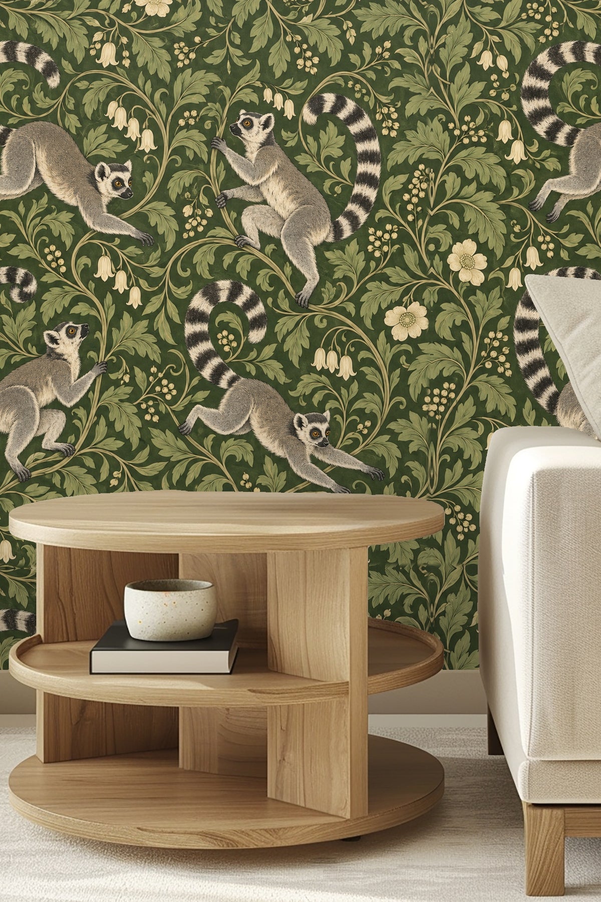 Striped tail of lemur winding through foliage in wallpaper close-up