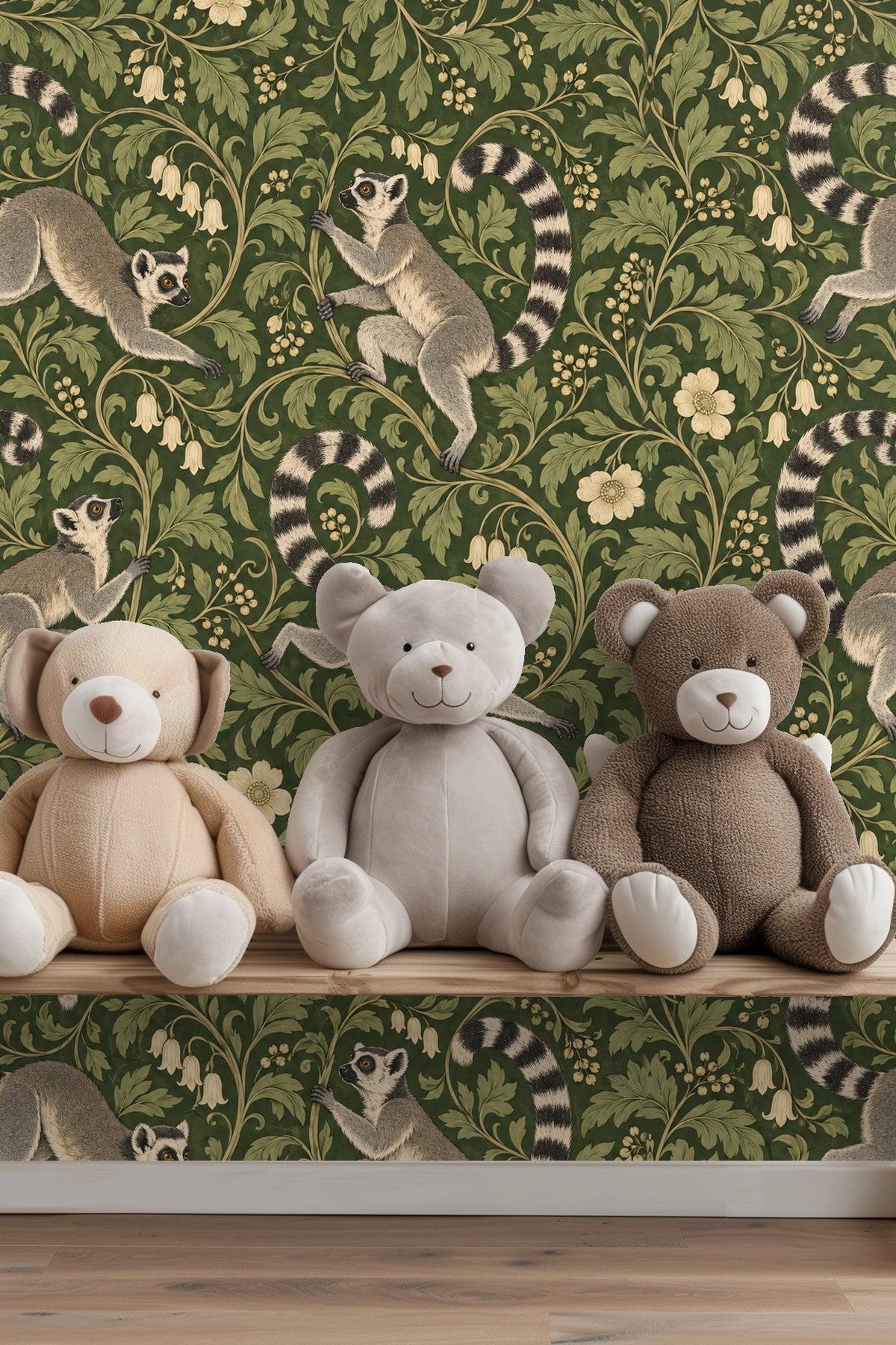 Section of wallpaper showing bell-shaped flowers and lemurs stretching amid greenery