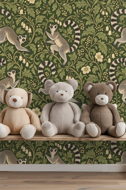 Section of wallpaper showing bell-shaped flowers and lemurs stretching amid greenery