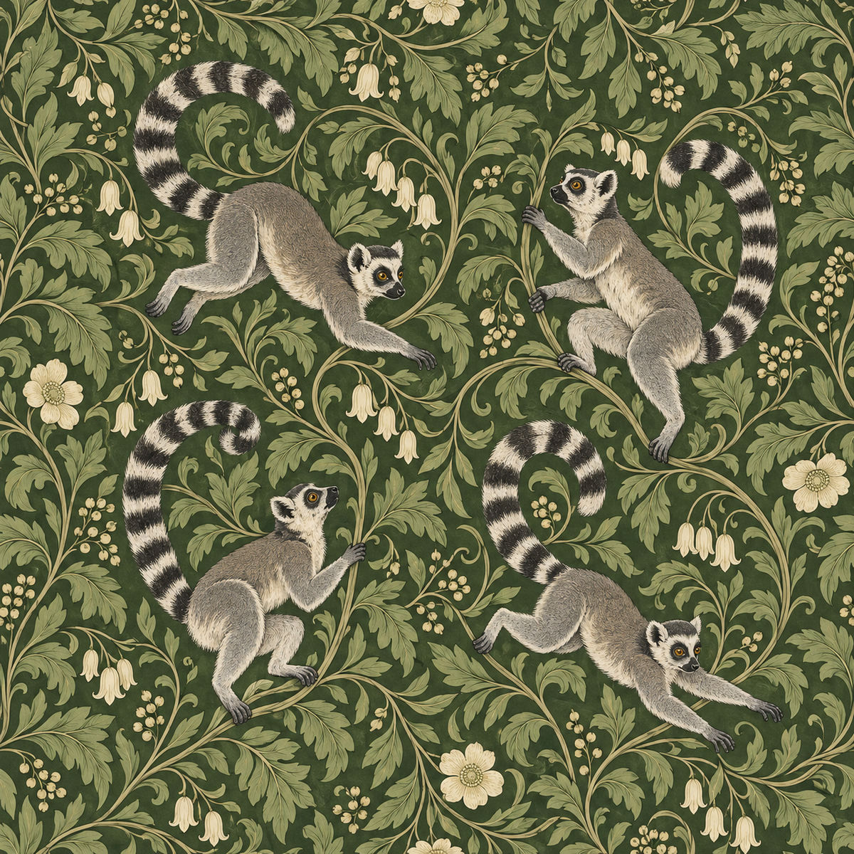 Overall wallpaper roll showing repeating motif of lemurs and green botanical scroll