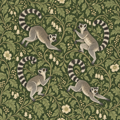 Overall wallpaper roll showing repeating motif of lemurs and green botanical scroll