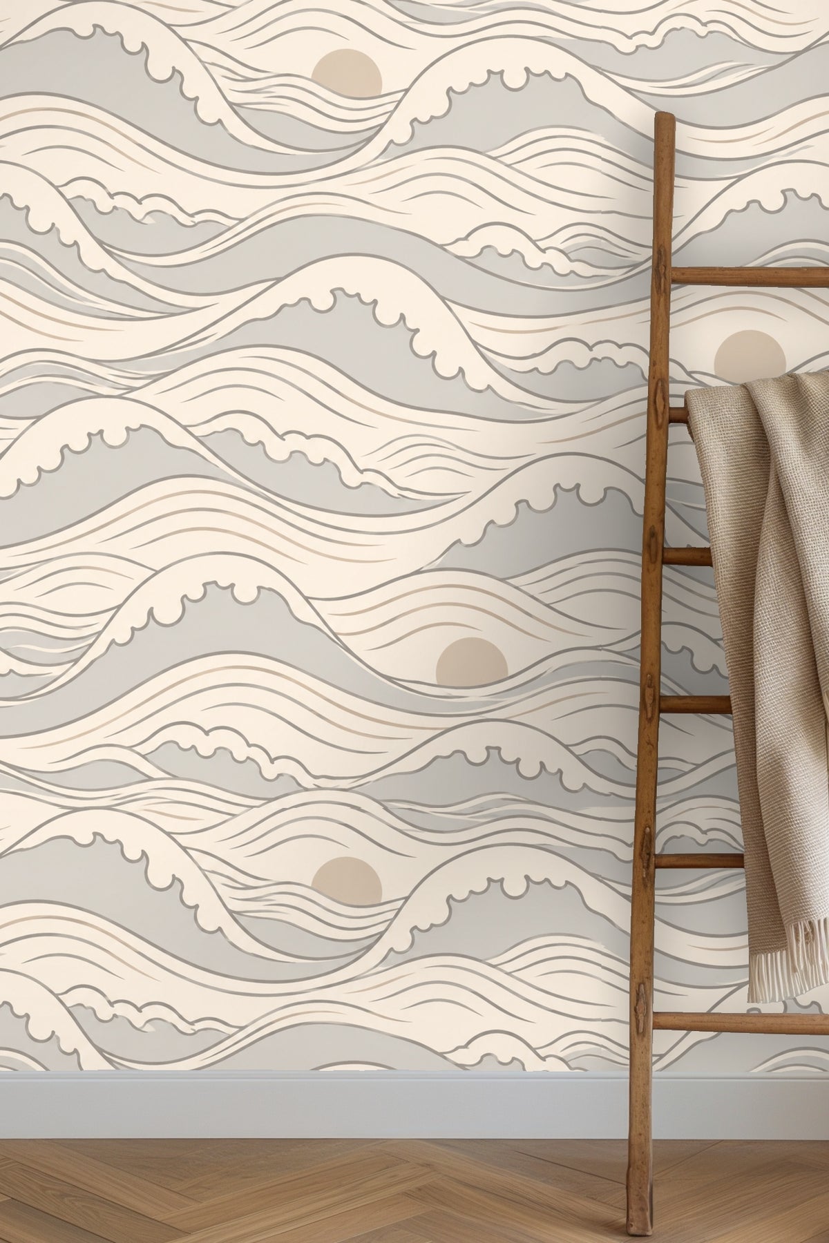 Bedroom featuring Quiet Crest Waves wallpaper in soft grey and beige tones with natural wood furniture