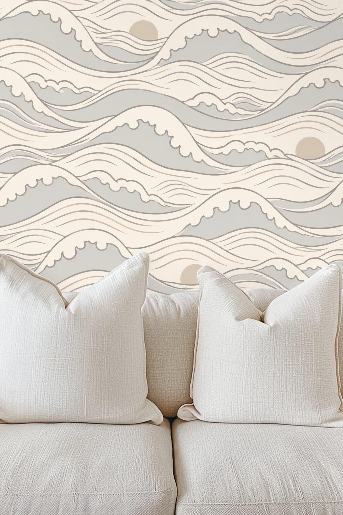 Seamless wallpaper pattern of stylized ocean waves in beige, grey, and off-white with sun motifs