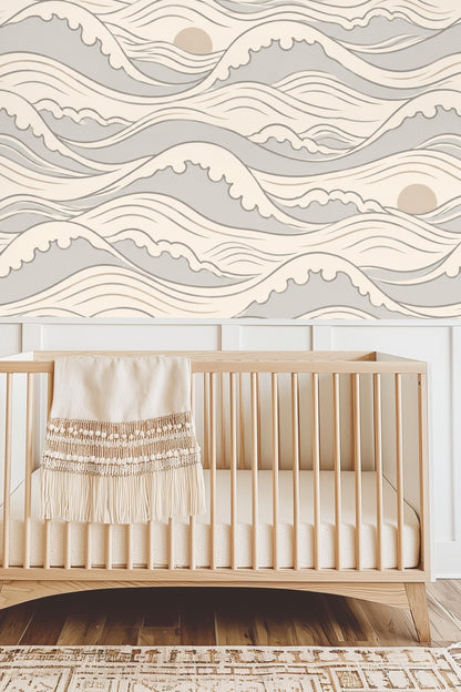 Quiet Crest Waves wallpaper shown in an interior setting