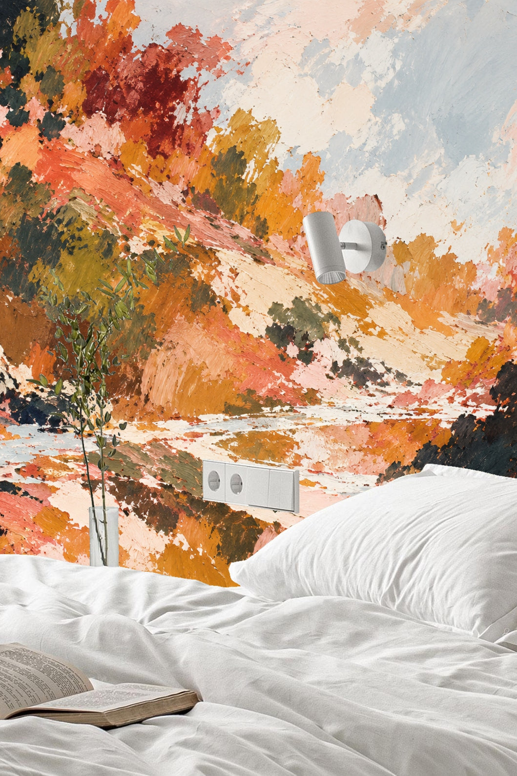 Palette detail highlighting mix of rust, terracotta, light blue, and cream