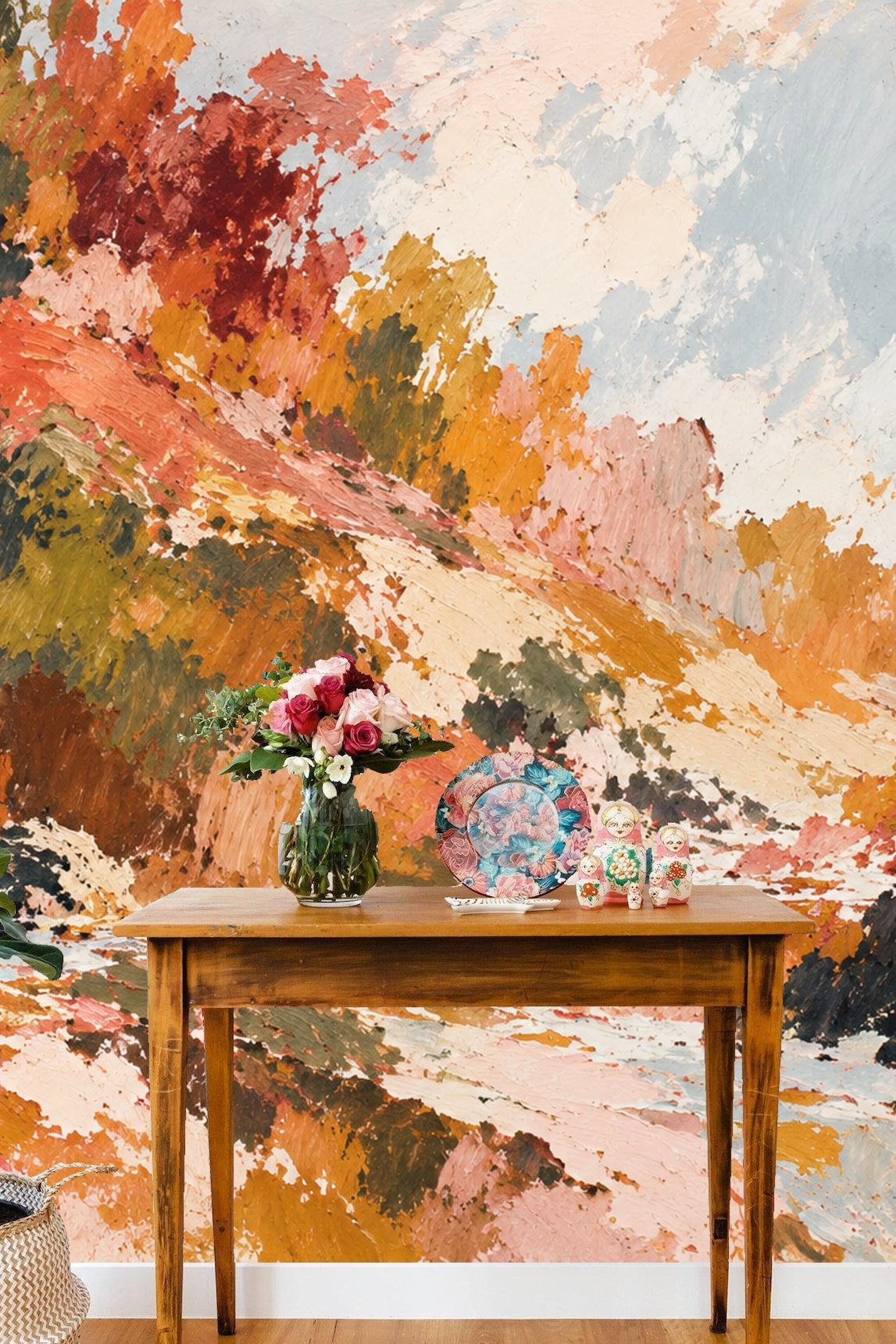 Art-driven wallpaper featuring layered warm-toned foliage and sky