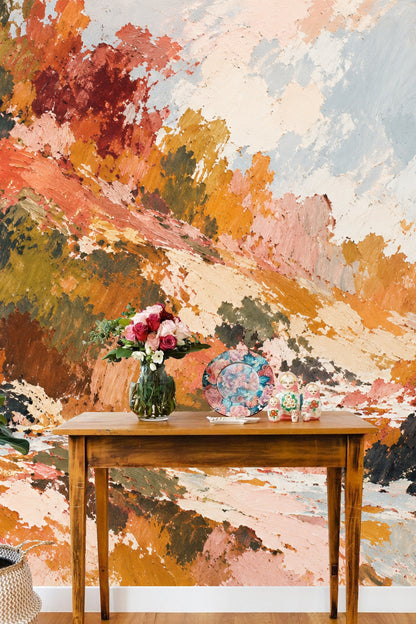 Art-driven wallpaper featuring layered warm-toned foliage and sky