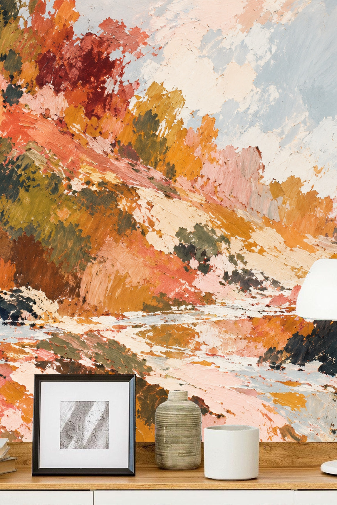 Abstract impressionist landscape wallpaper with tactile paint strokes