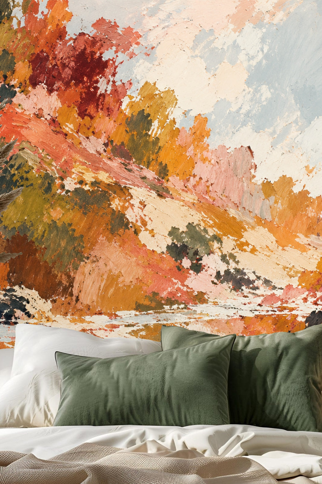 Abstract impressionist wallpaper artwork with warm rust and ochre brushstrokes