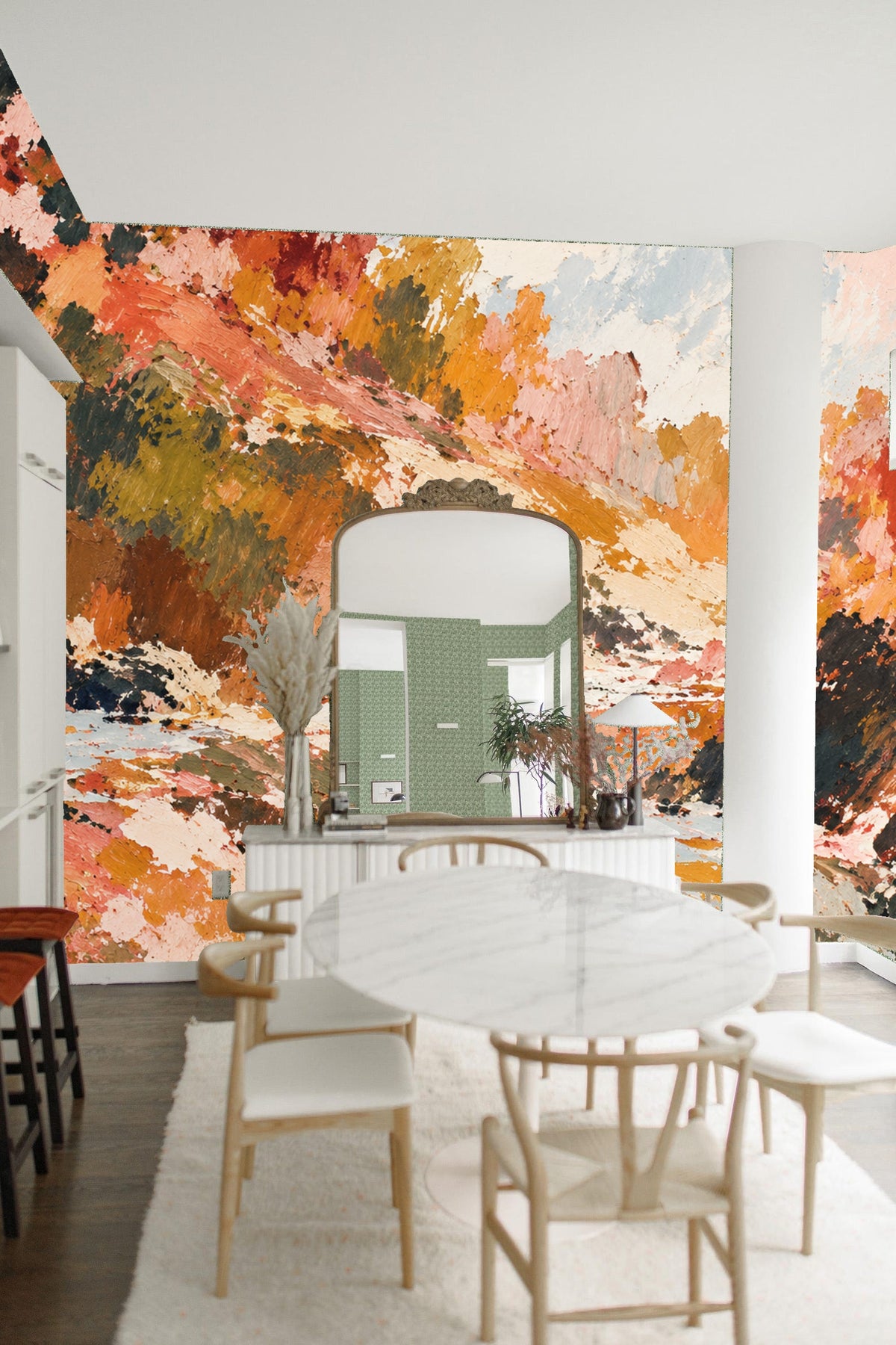 Interior showing wallpaper with a white pouf and wooden coffee table