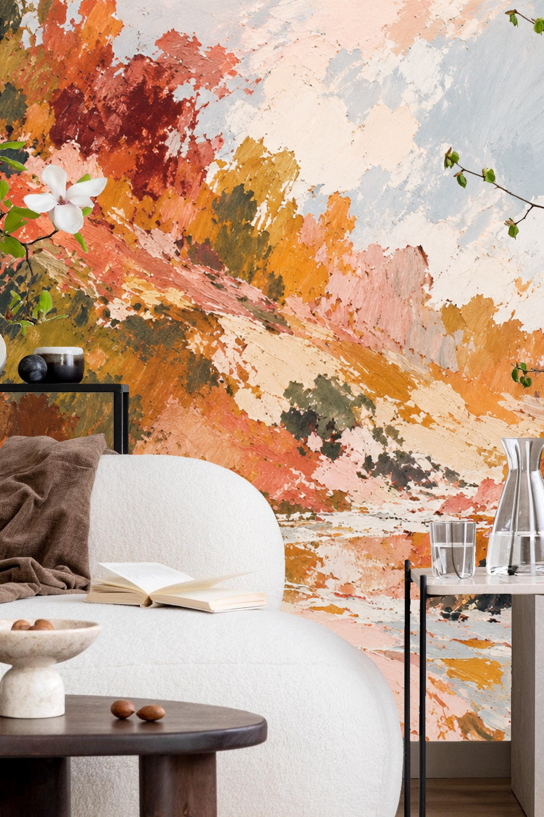 Close-up of painterly texture showing layers of autumnal hues