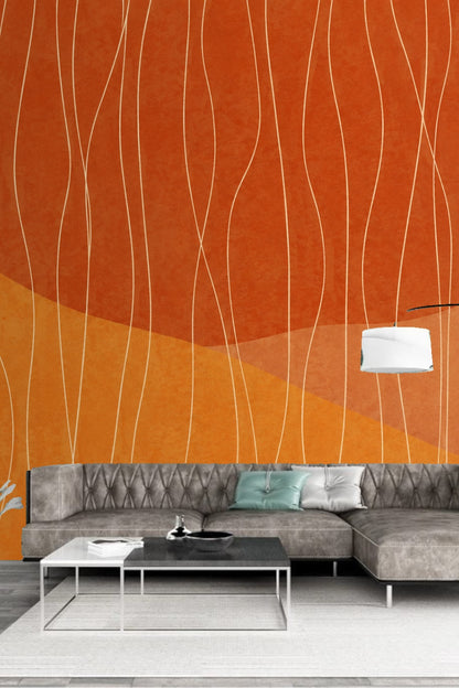 Close-up of layered color blocks in burnt sienna, rust, and ochre with fine pale wavy lines