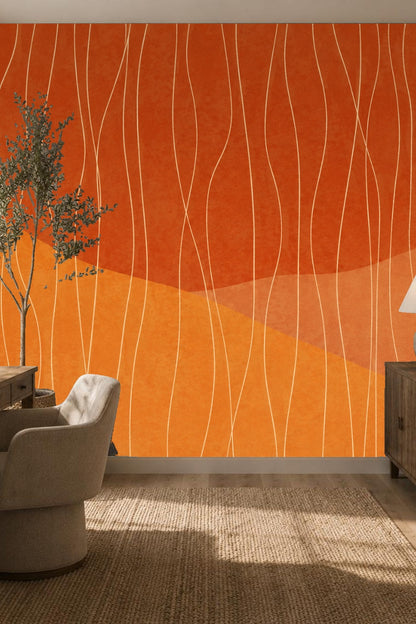 Wallpaper pattern detail focusing on burnt sienna, ochre, and rust hues with linear pale overlay