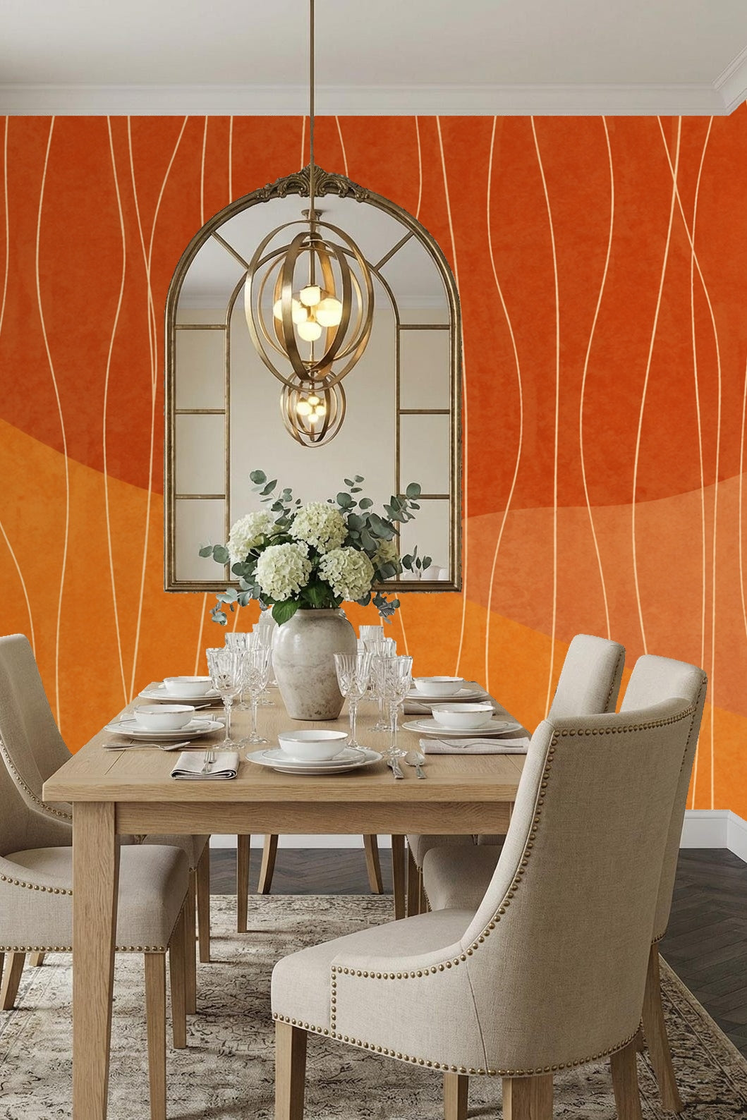 Full wall installation of abstract warm-toned wallpaper with vertical white thread lines in a child’s room